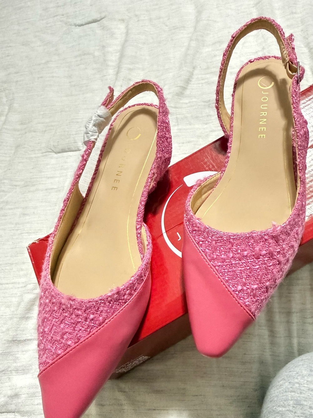 Journee Collection Pink Tweed & Smooth Pointed Slingback Flats
